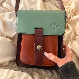 Patricia Nash Green and Brown Two-Tone Leather Crossbody